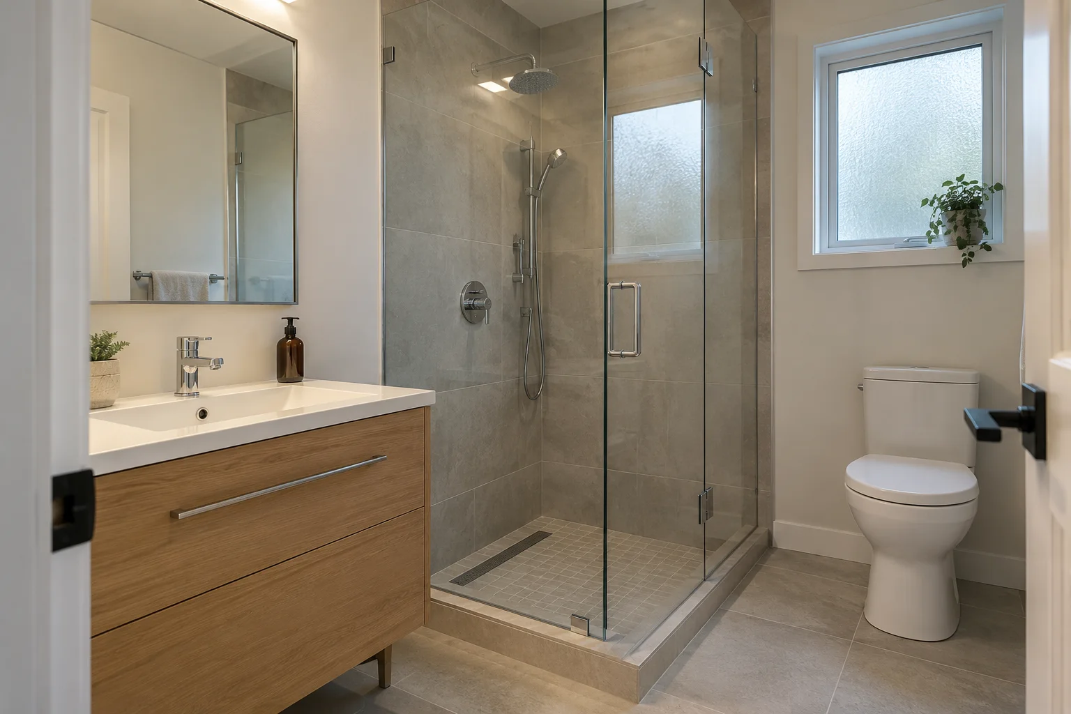 An oak bathroom vanity beside grey tile and a glass shower