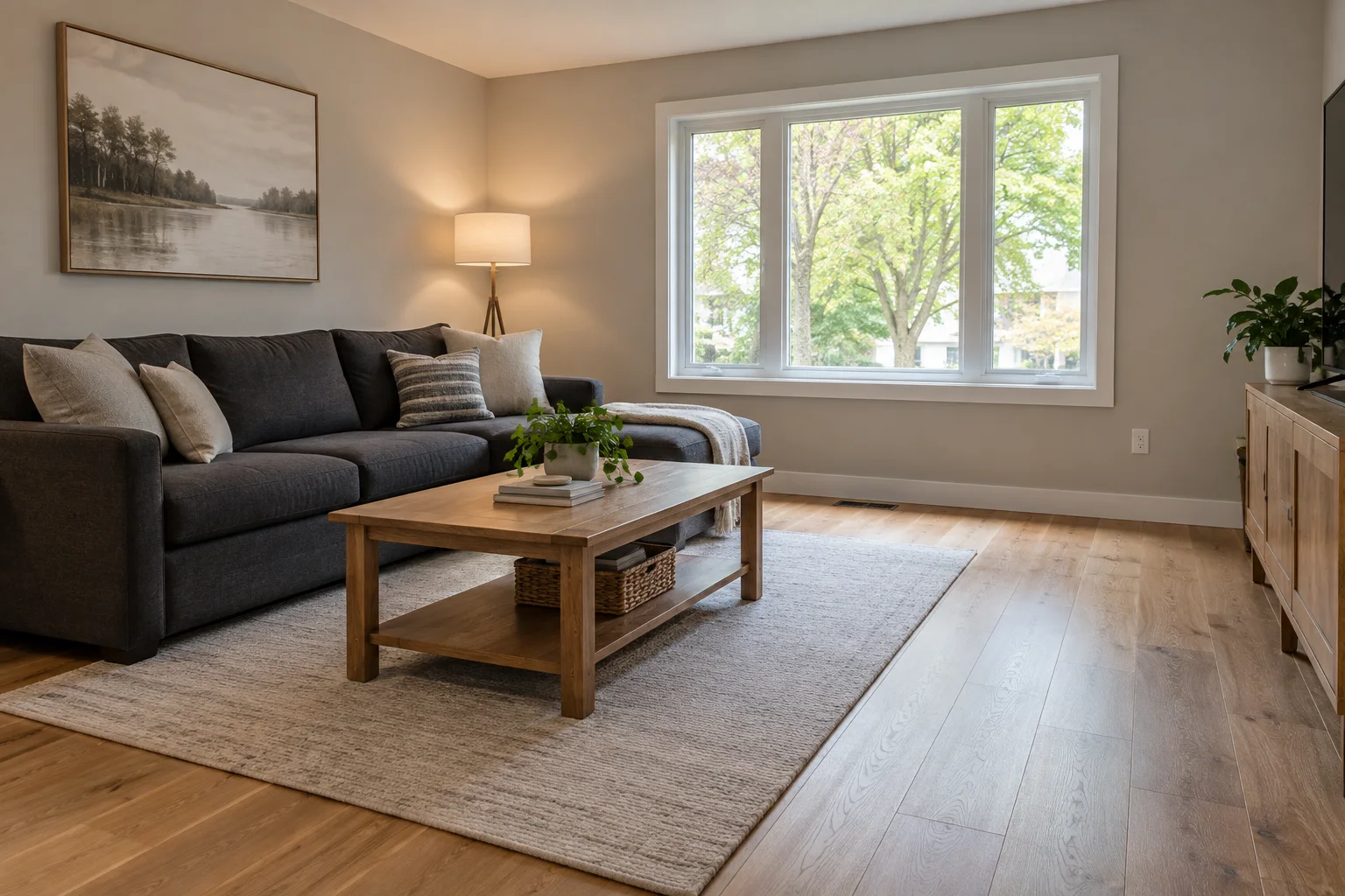 A light living room with oak floors and a charcoal sofa